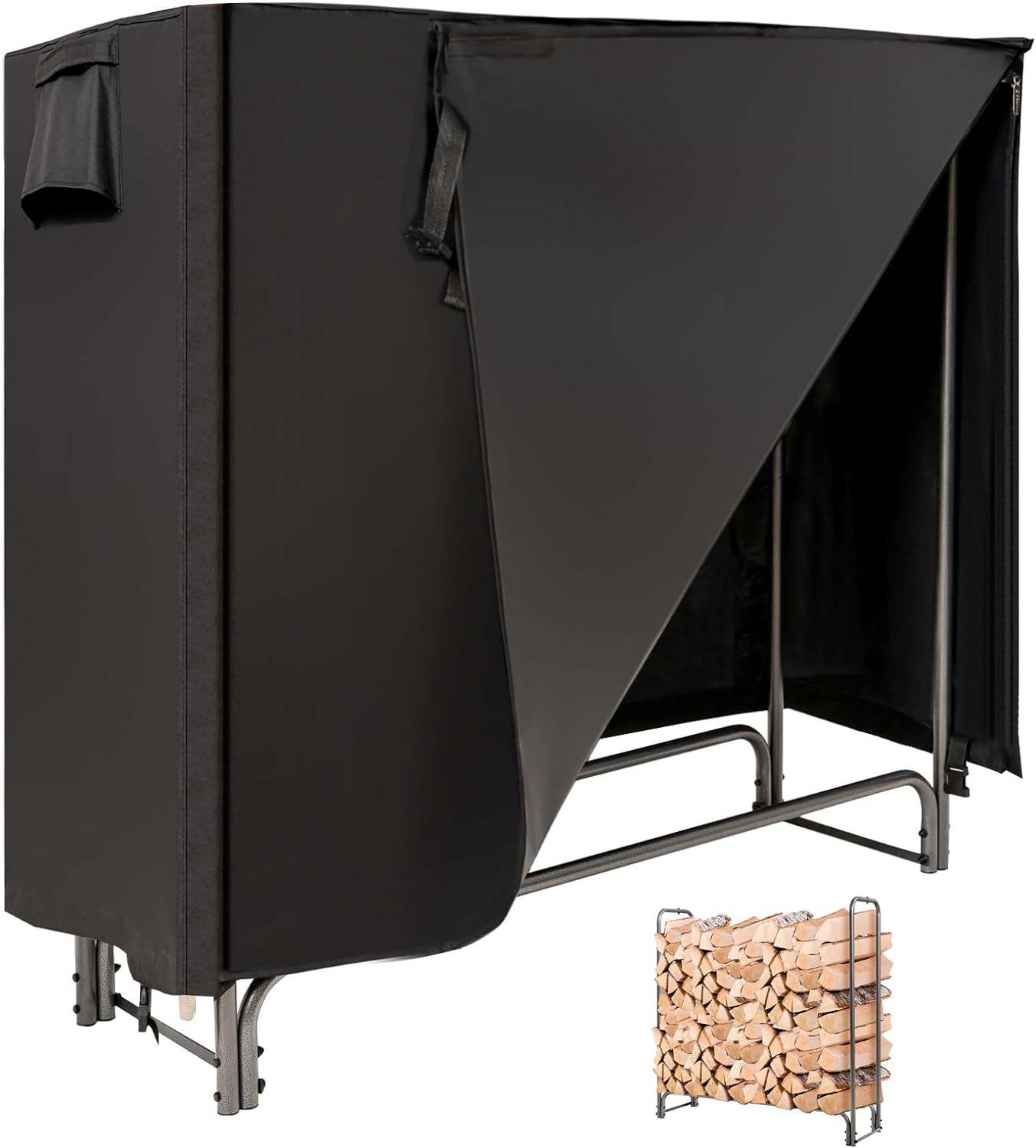 Stojak na Drewno na Zewnątrz 122,5 x 35,5 cm, z Wodoodpornym Pokrowcem z PVC, Stojak na Drewno Opałowe, Wysokość 122,5 cm, Czarny