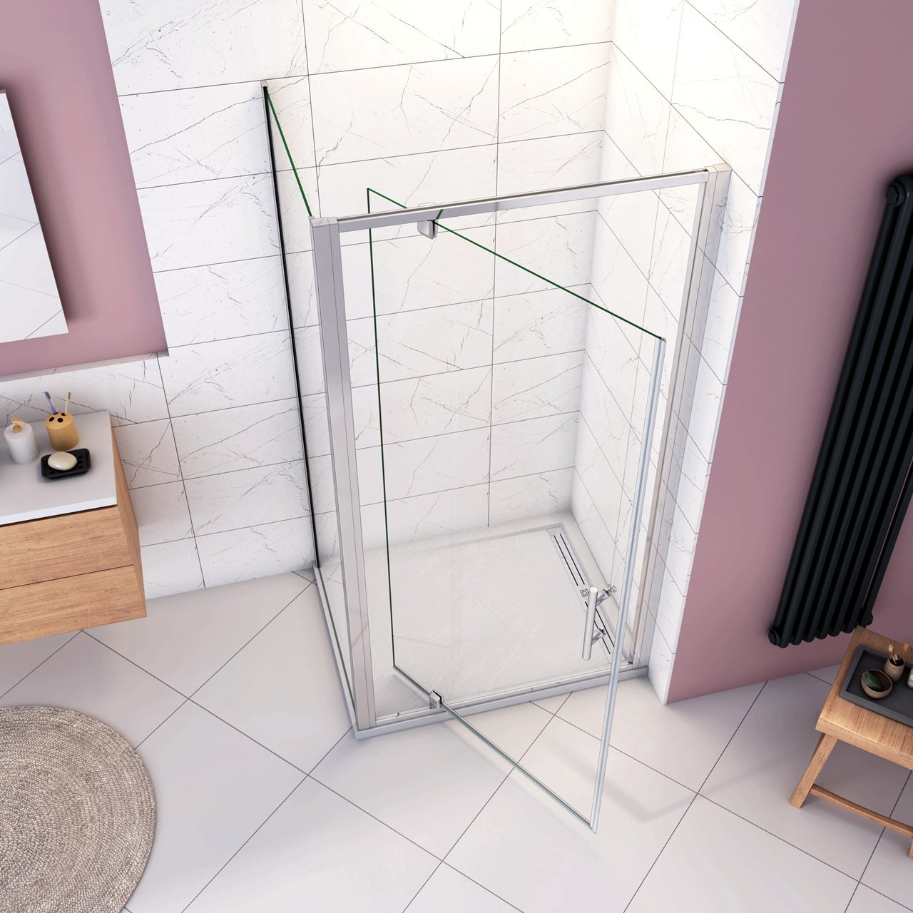 185cm Box Doccia Angolare Porta Girevole Battente con Parete Fissa 90x70cm in Vetro Temperato Trasparente 5 mm Profilo Cromo Lucido - 2