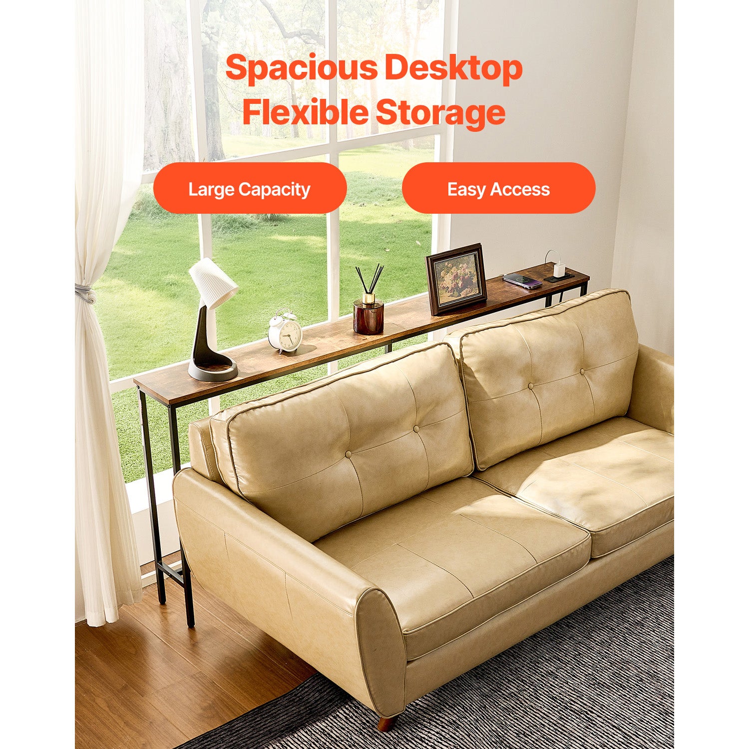 Console étroite 180 cm,SucceBuy meuble d'entrée,structure en métal,station de charge,pour couloir ou salon,finition marron et noir - 7