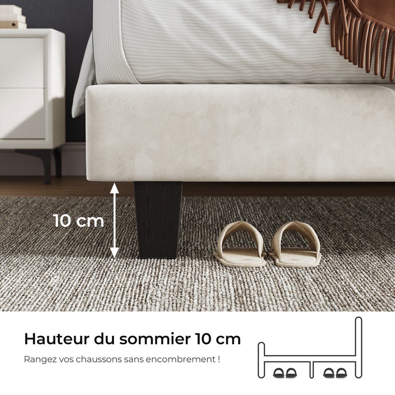 Lit 140x190 cm HavenlyHome, Lit Capitonné en Velours avec Tête de Lit et Sommier à Lattes, Lit Adulte pour 2 Personnes, Beige - 4