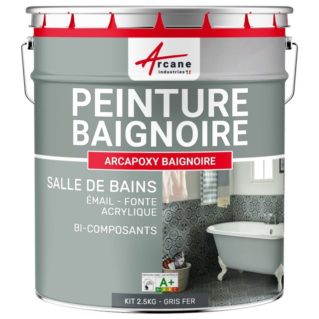 PEINTURE BAIGNOIRE LAVABO - Résine Époxy Pour Rénovation - 2.5 kg (jusqu'à 8 m² en 2 couches) Gris fer - RAL 7011 - ARCANE INDUSTRIES