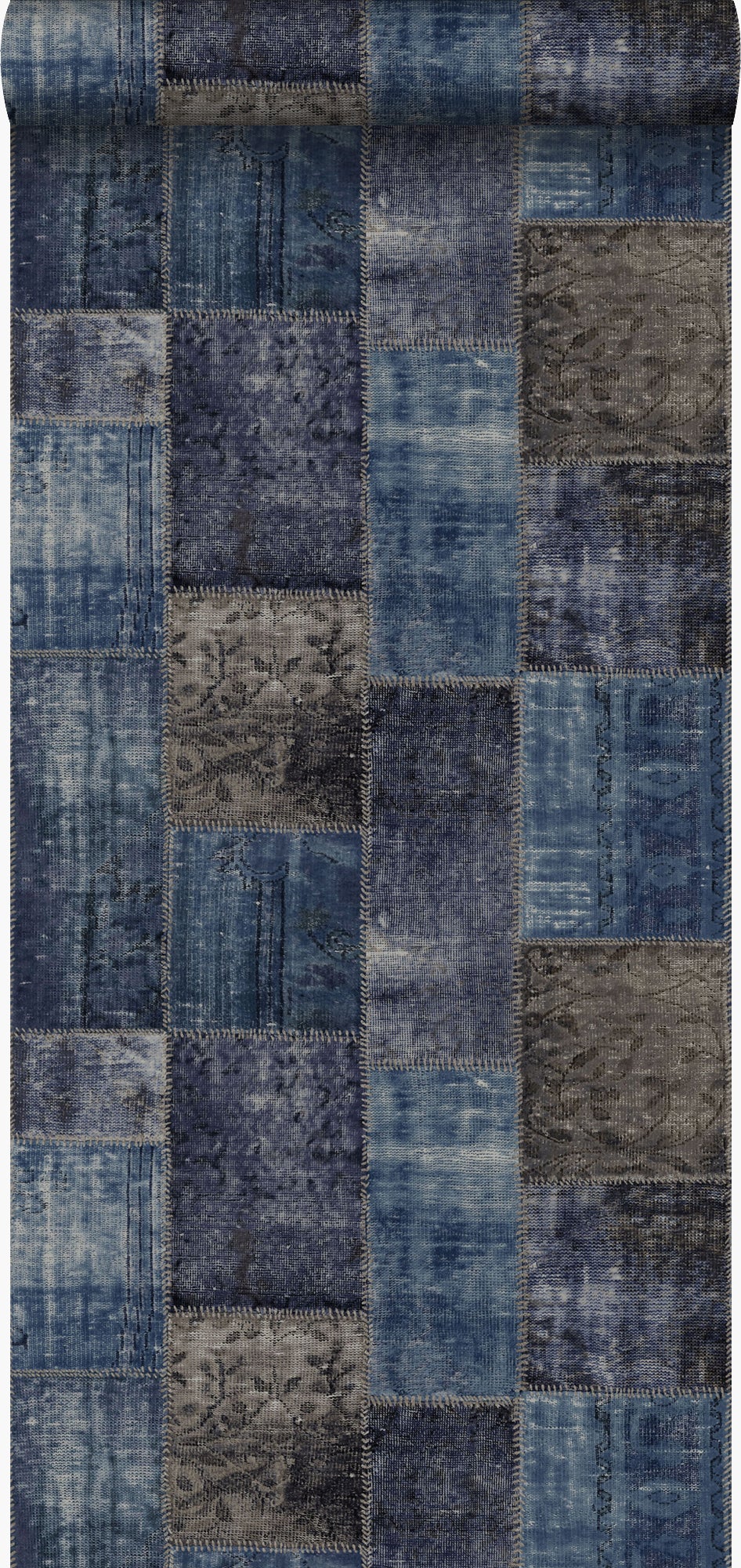 Papel pintado patchwork kilim gris pardo y azul - 53 cm x 10,05 m - origin wallcoverings