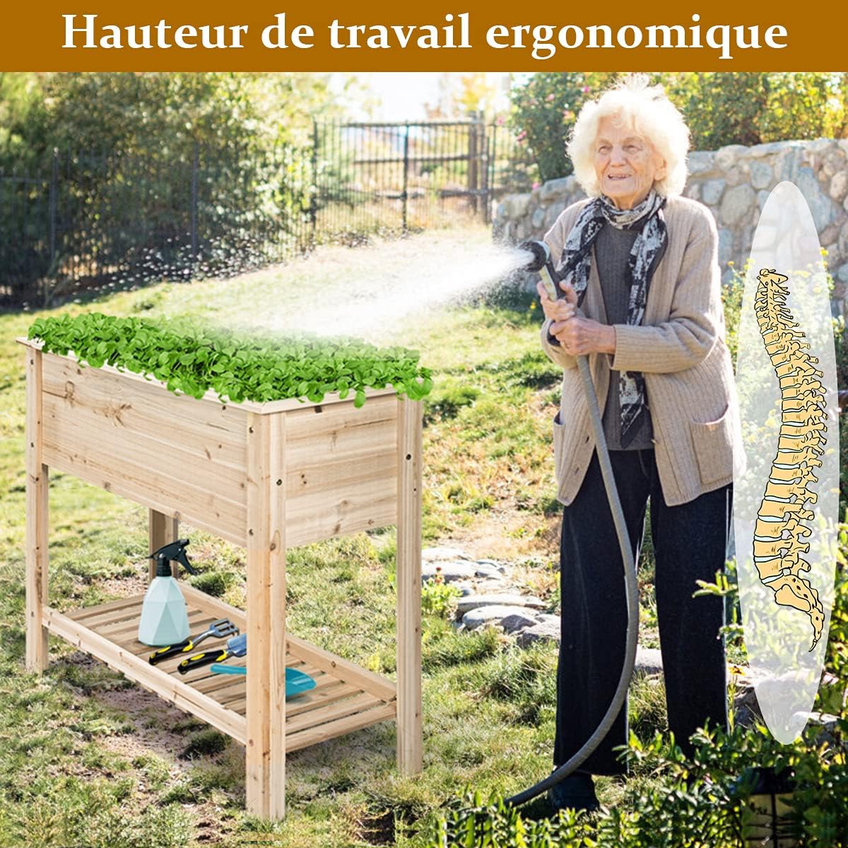 Carre Potager sur Pieds, Jardiniere Rectangulaire en Bois pour Legumes, Herbes, Fleurs, Lit Sureleve avec Etagere，Charge 80 KG(91,5 x 40,5 x 80,5 CM) - 5
