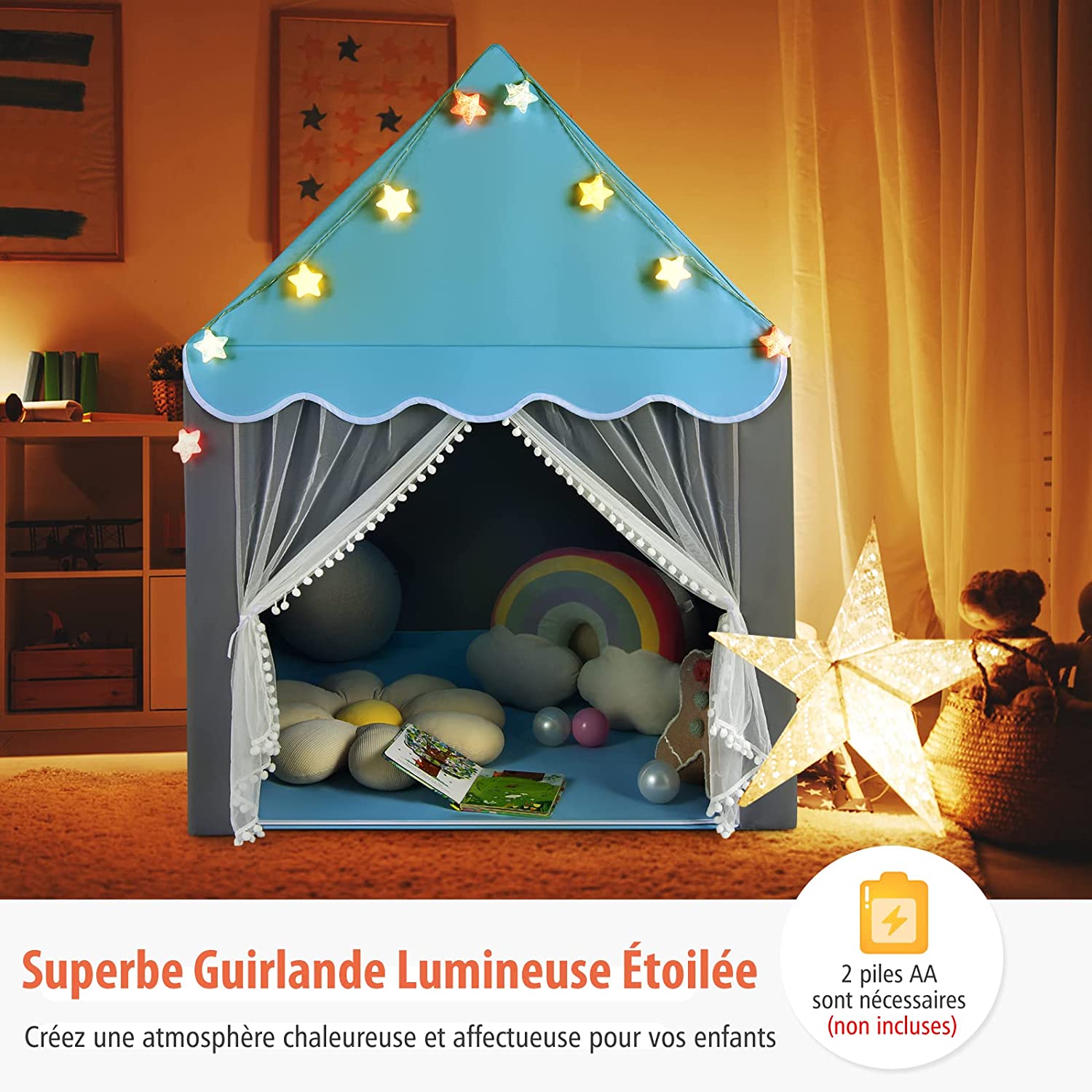 Tente de jeux avec tapis lavable, tente enfant interieur avec lumières étoiles, 105 x 121 x 136 cm - 2