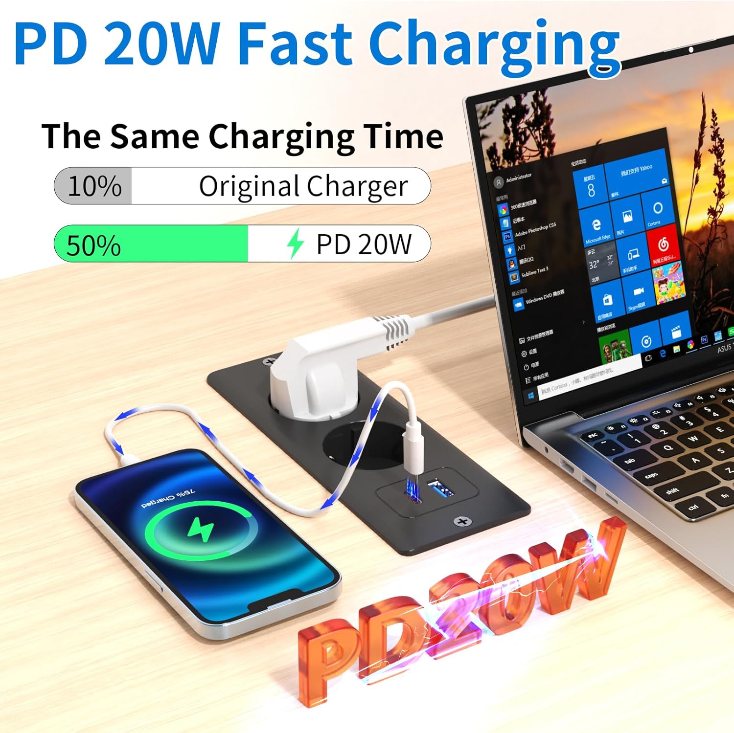 Prise encastrable avec USB C 20 W, 2 Prises de Table avec USB A et Type-C, 4 en 1, Plateau de Table, Triple Prise encastrée avec câble d'extension - 2