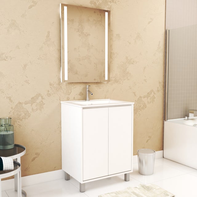 Pack Mueble baño 60 cm Blanc + Lavabo + Espejo 60x80 + Led intégré