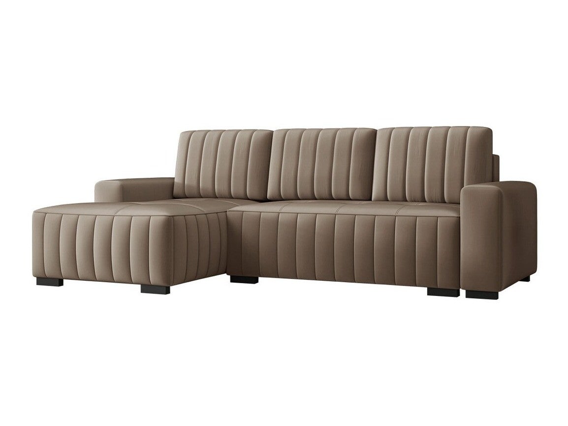 Sofá rinconero columbus 154, de color marrón claro, función de descanso, caja de ropa de cama, 240x140x85cm