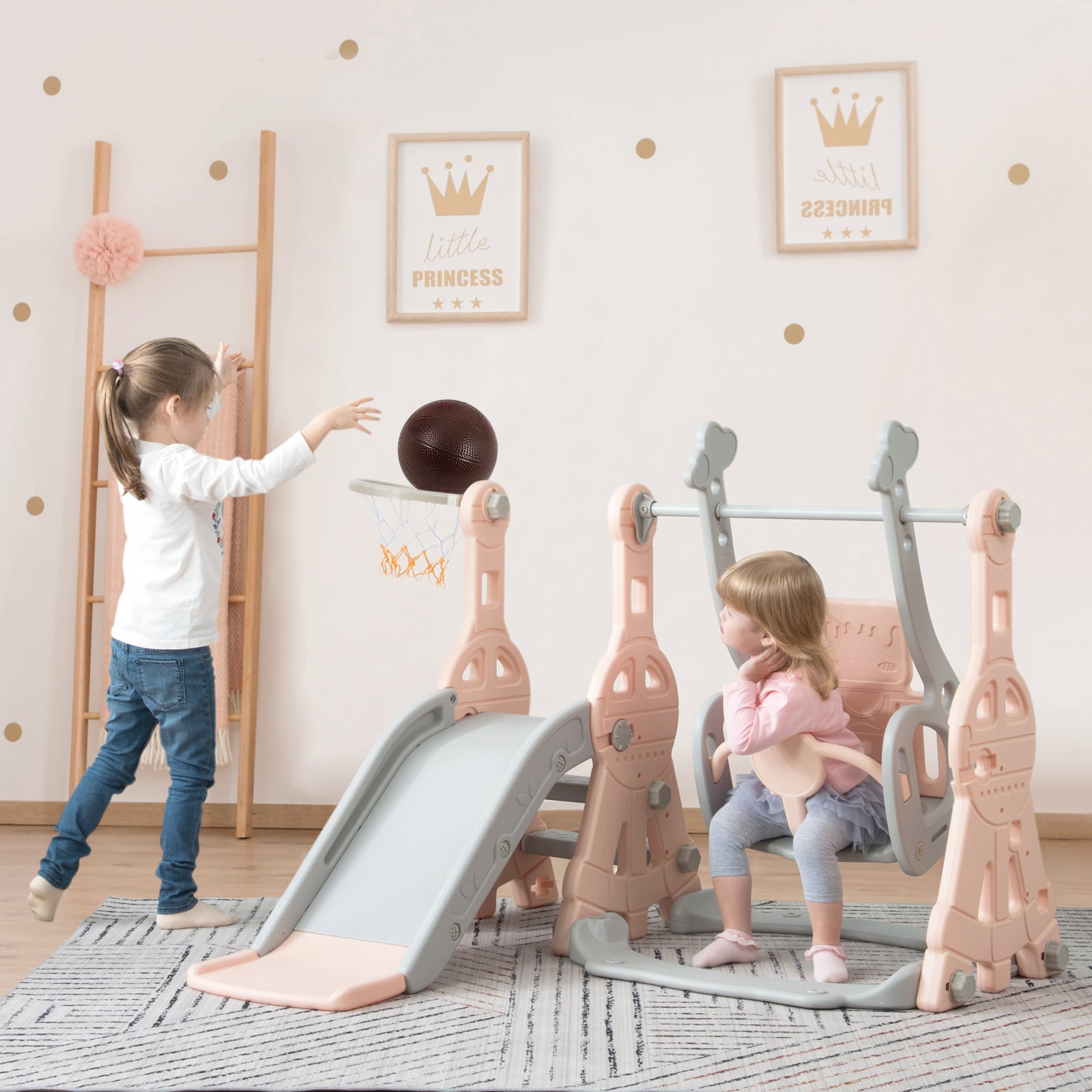 Toboggan Enfant 4 en 1 Toboggan Bebe avec Balançoire et Panier de Basket pour Les Enfants de 1 à 6 Ans, Aire de Jeux Intérieure et Extérieure, Rose - 4