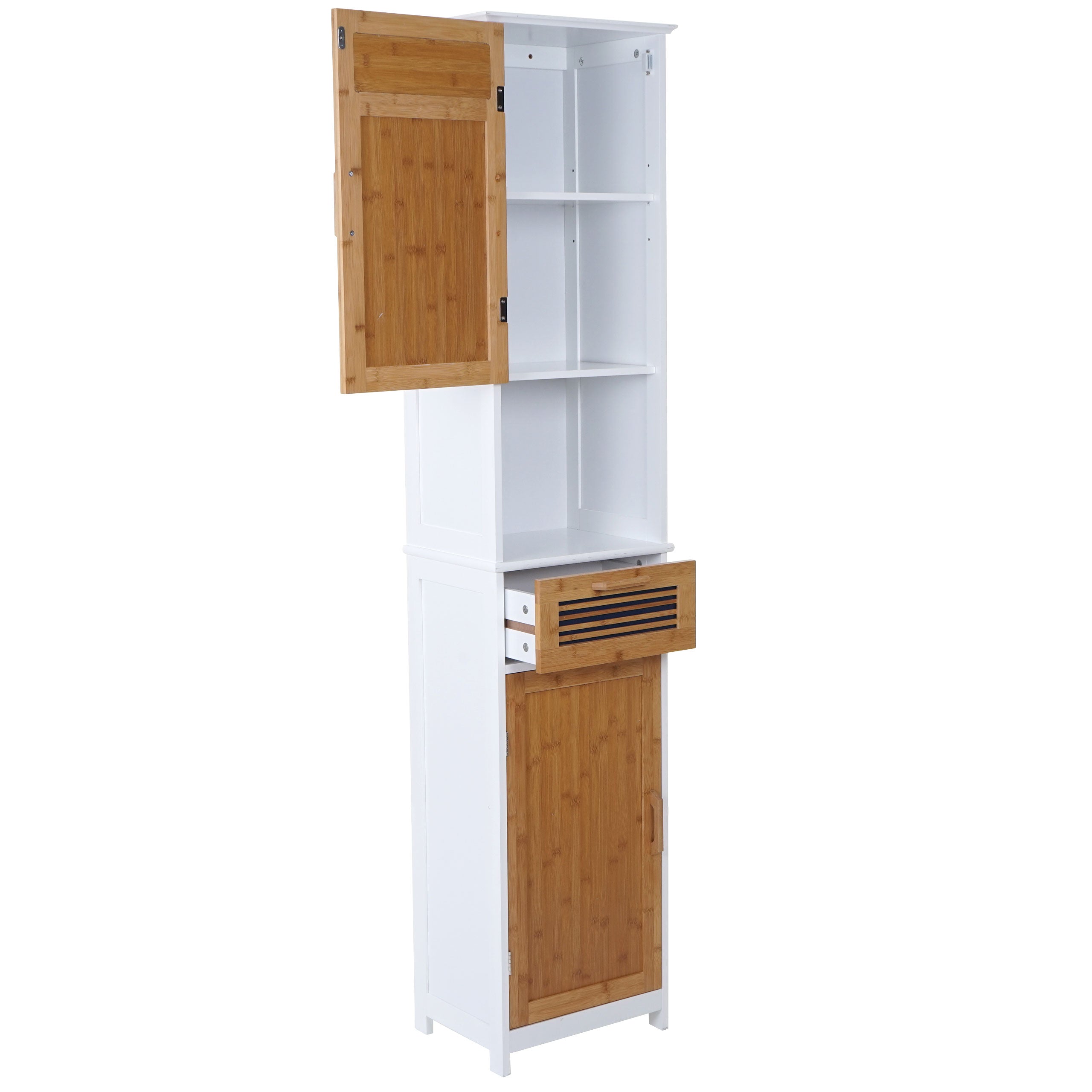 Armoire haute de salle de bain étagère en bambou 180x40x31cm blanc 04