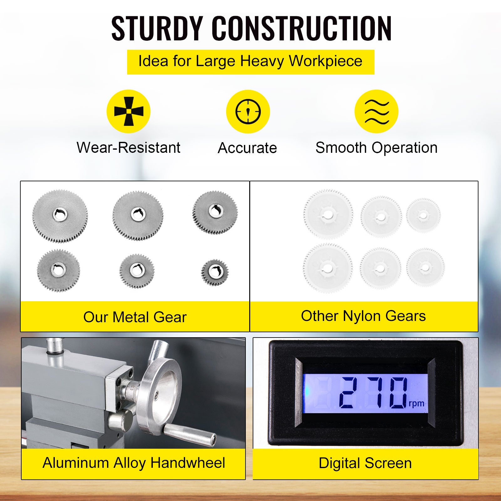 Mini tour métaux SucceBuy 1100W 220MMx750MM Vitesse variable Fraiseuse Tour numérique avec mandrin 3 mors,cône broche MT5,cône contre-pointe MT2 - 5