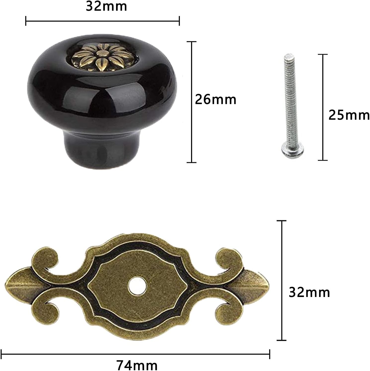 Boutons de Portes pour Placards Vintage, Boutons de Meuble Ceramique, Poignée de Porte en Céramique Vintage, Poignée des en Céramique Noir avec Vis - 2