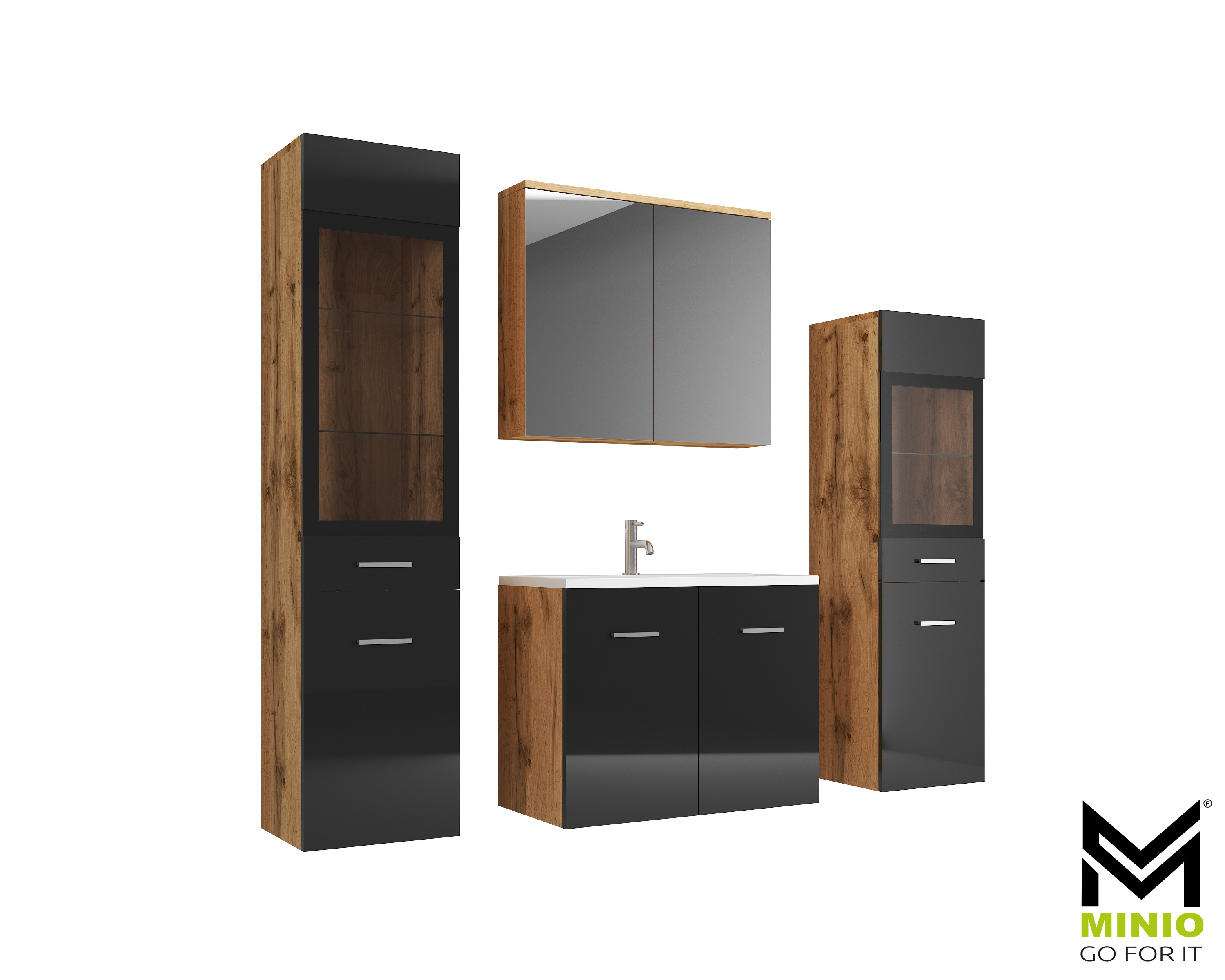 Meble łazienkowe dąb wotan/czarny połysk - MARIT II