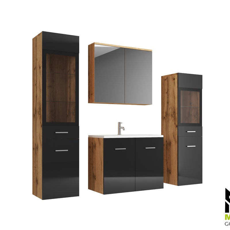 Meble łazienkowe dąb wotan/czarny połysk - MARIT II
