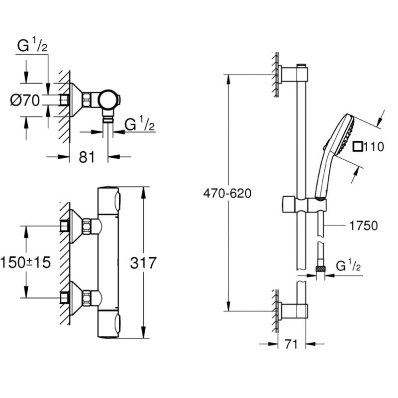 Mitigeur douche thermostatique GROHE GROHE Precision Flow + Ensemble de douche 2 jets avec barre Chromé - 3