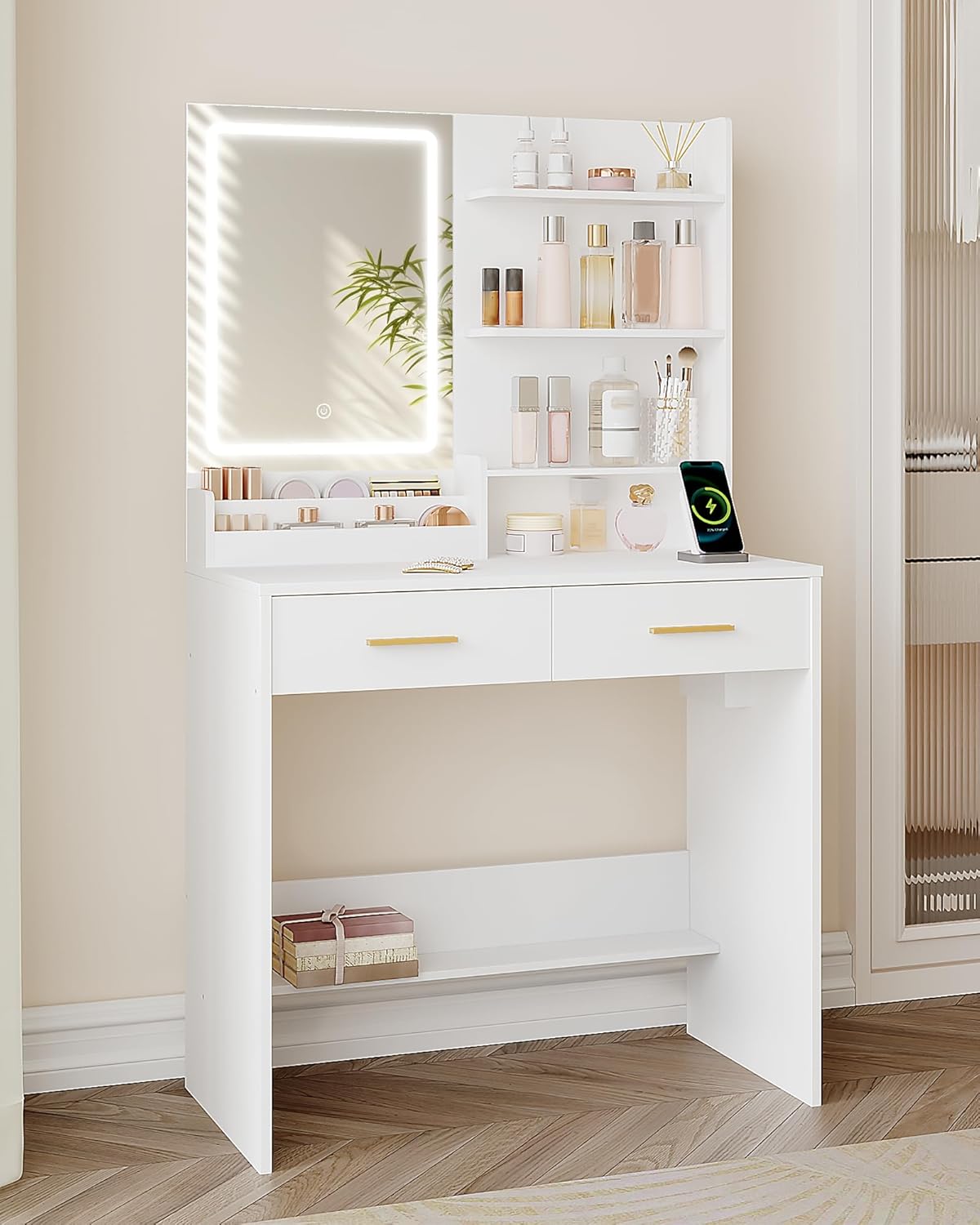 Coiffeuse avec Lumière LED, 2 Prises et 2 USB, avec 2 Tiroirs et 4 Étagères Ouvertes, Compartiment de Rangement, pour Chambre,Style Moderne, Blanc - 7