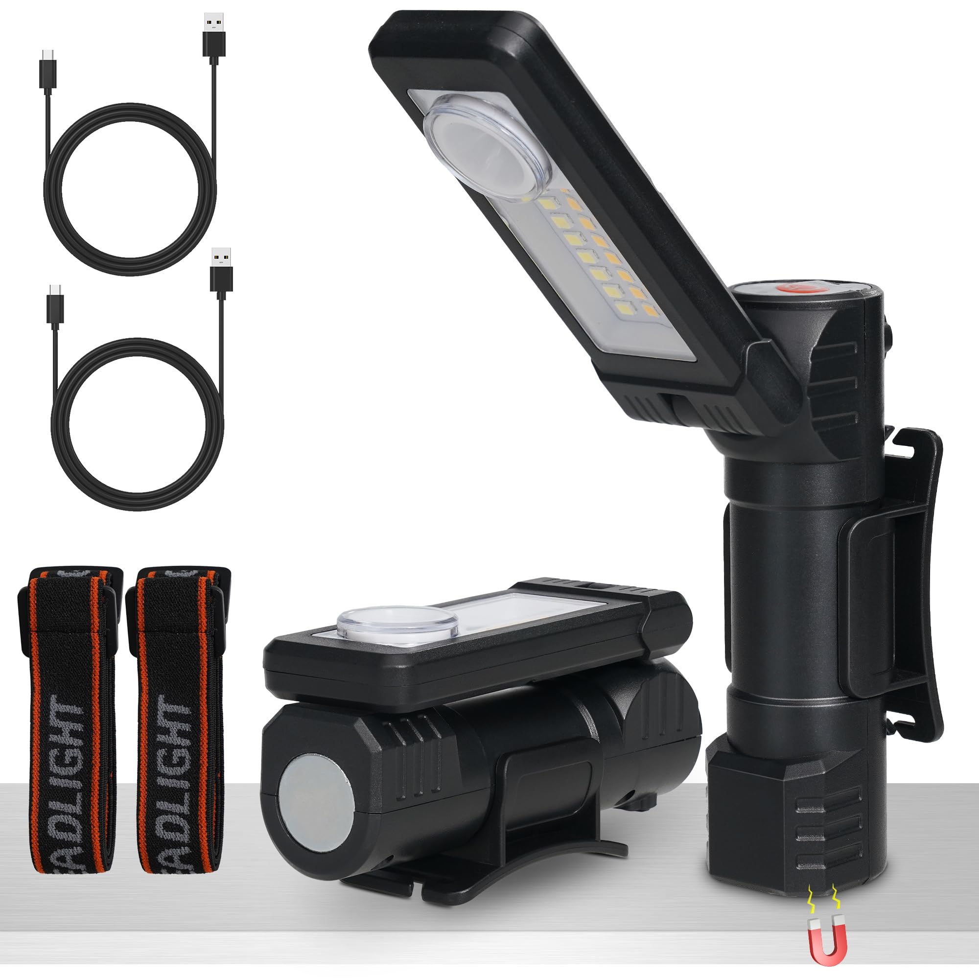 2 szt. Lampy robocze LED, USB, obrotowe, podstawa magnetyczna, latarka do warsztatu, naprawy samochodów, na kemping, prezent dla mężczyzny