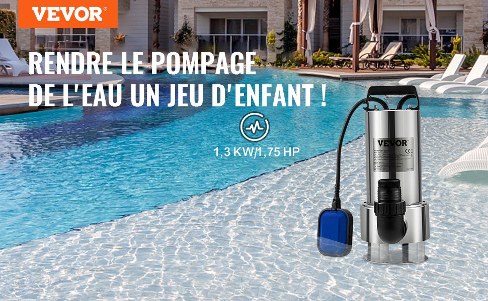 Pompe de Relevage Eaux Chargées 1300 W VEVOR – 333 L/min, Vide-Piscine & Fosse Septique, Évacuation Eaux Sales Usées avec Adaptateur - 8