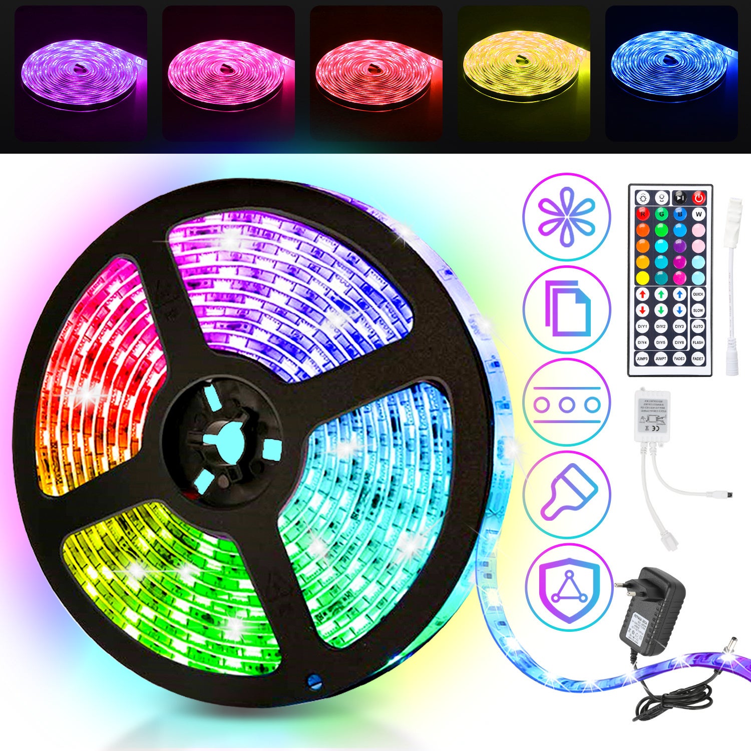 Taśma LED 5M 5050 SMD RGB, 150 diod LED z 44-klawiszowym pilotem + zasilacz 12 V do montażu na ścianie tylnej imprezy