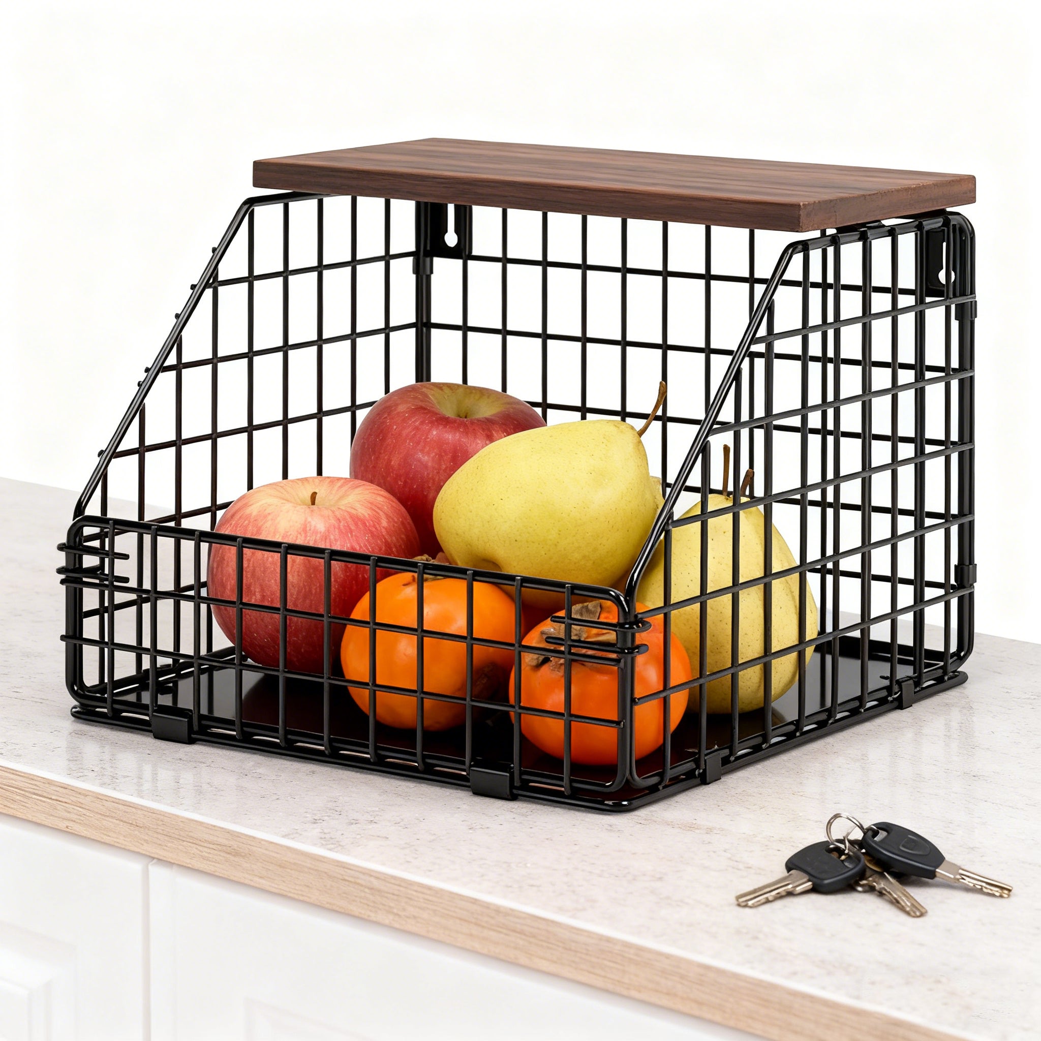 Cesto Portaoggetti Impilabile In Filo Metallico Con Coperchio In Legno Di Bambù - Organizer Da Cucina Per Frutta E Verdura - Risparmia Spazio, Nero - 4