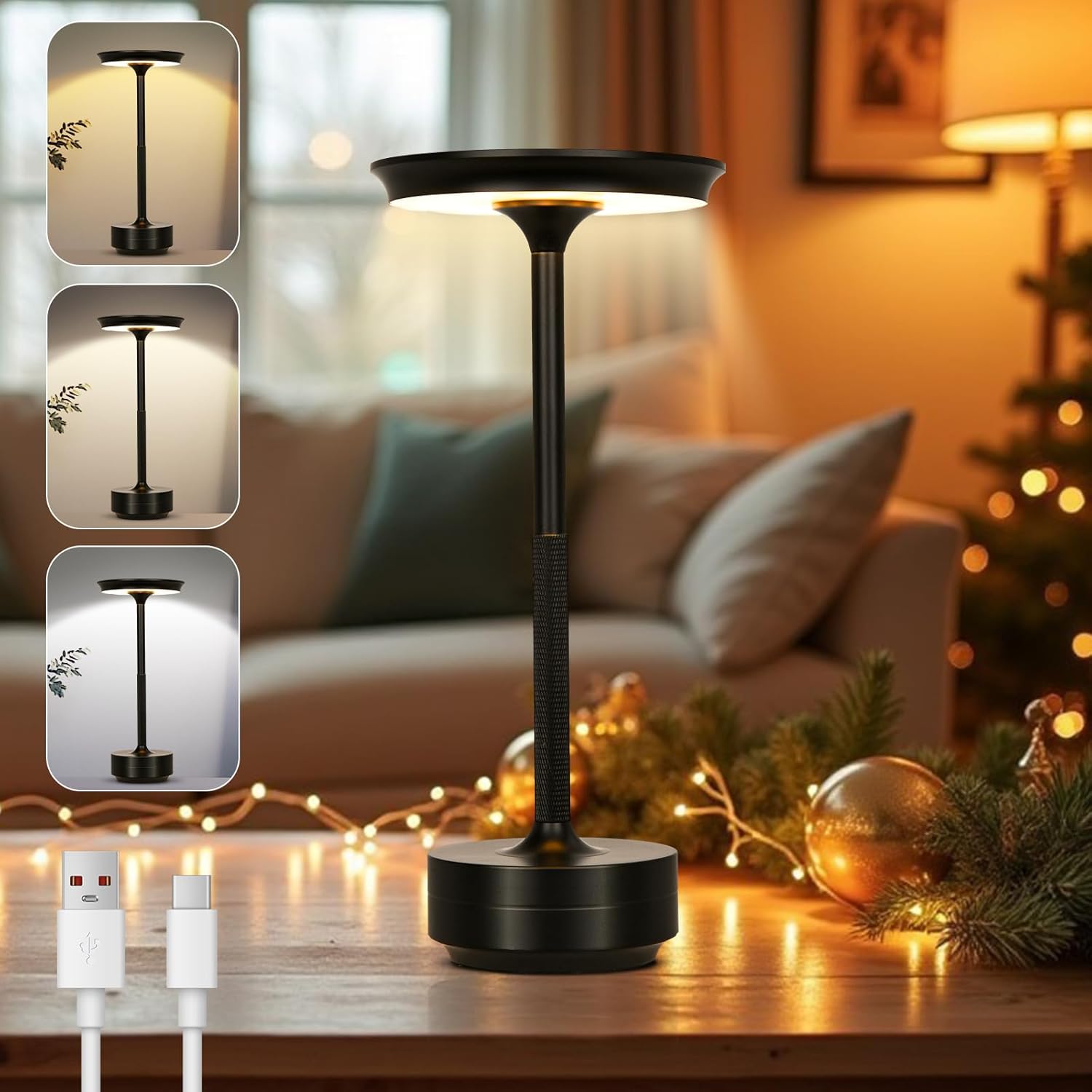 Bezprzewodowa lampa stołowa LED, akumulatorowa lampa stołowa z 3 temperaturami barwowymi, oświetlenie wewnętrzne/zewnętrzne (czarna)