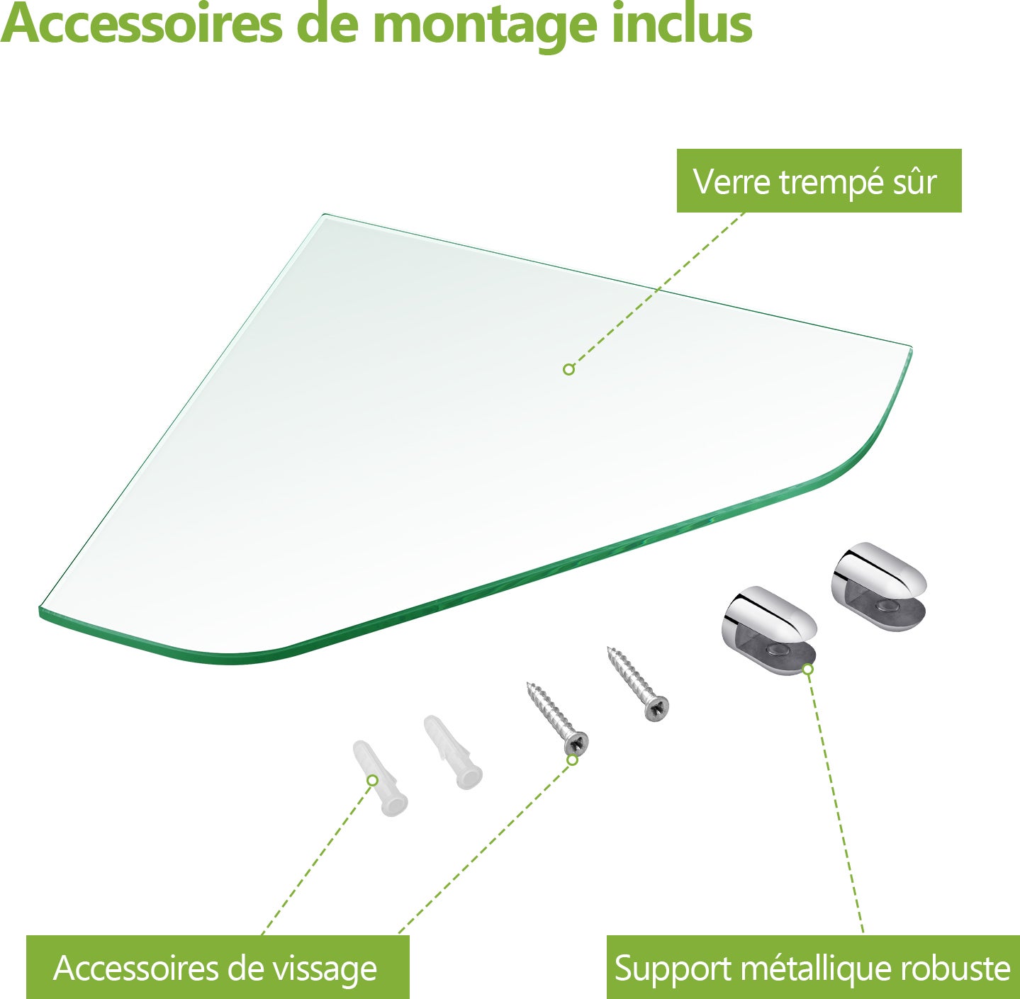 Étagère murale en verre d'angle 23×23 cm, 6 mm d’épaisseur, pour salle de bain – support chromé – 2 pièce S’AFIELINA - 7