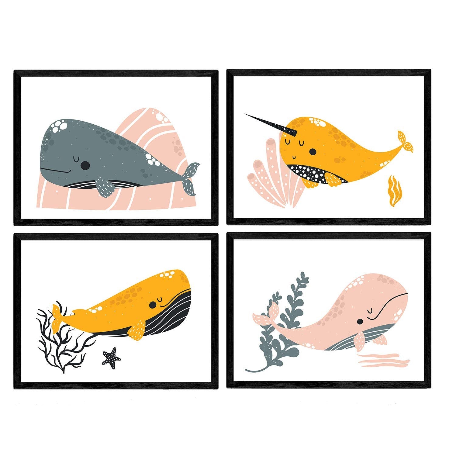 Pack de cuatro posters con ilustraciones de ballenas láminas con imágenes infantiles de ballenas ballenas en el fondo del mar naranja gris y rosa