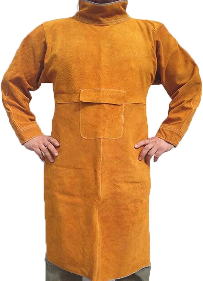 1 tablier de soudage anti-flamme en cuir de vache, manteau long, vêtements de protection, combinaison de soudeur,105 cm (jaune) - 2