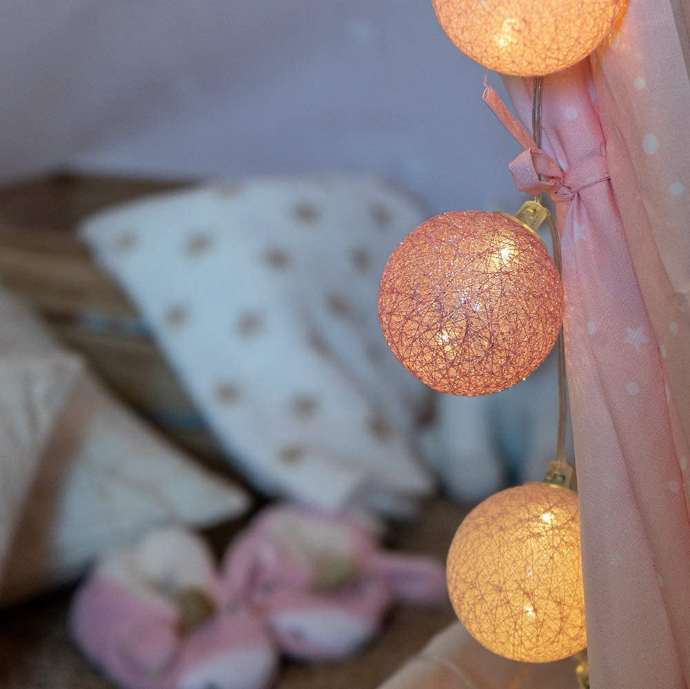 Guirlande lumineuse boules coton LED USB - Télécommande sans fil - Veilleuse bébé 2h - Adaptateur inclus - 4 intensités - 16 boules 3,2m - Princesse - 5