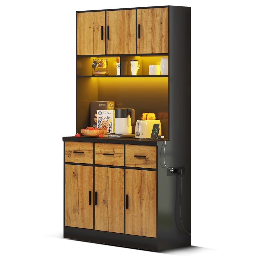 Buffet Multifonctionnel avec LED, Naturel + Noir,Télécommande, Espace de Rangement et Prises USB - 180x100x40cm, pour Cuisine et Salle à Manger - 4