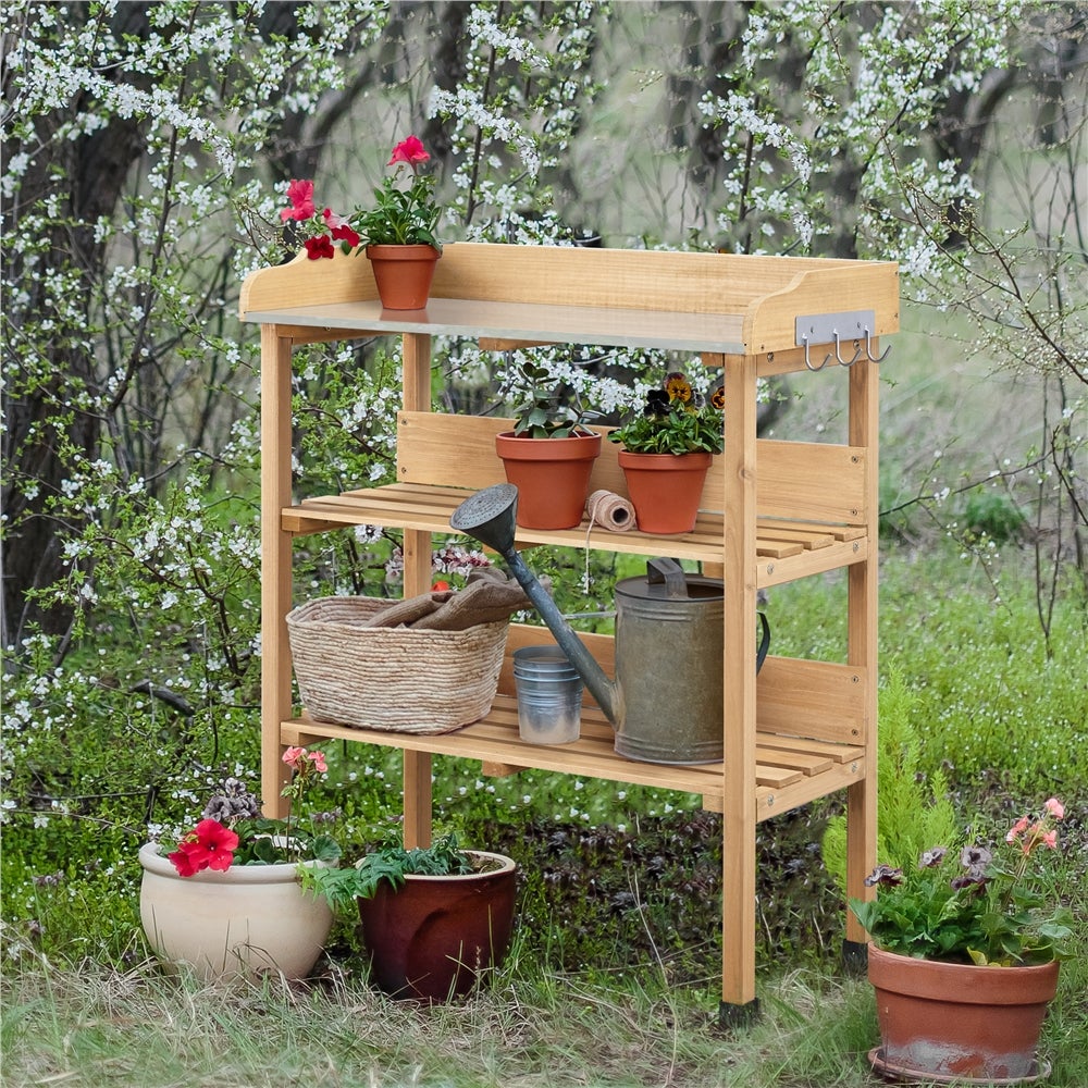 Table de Rempotage Extérieure en Bois avec Étagère de Rangement et 3 Crochets Latérales, Couleur Bois Yaheetech - 3