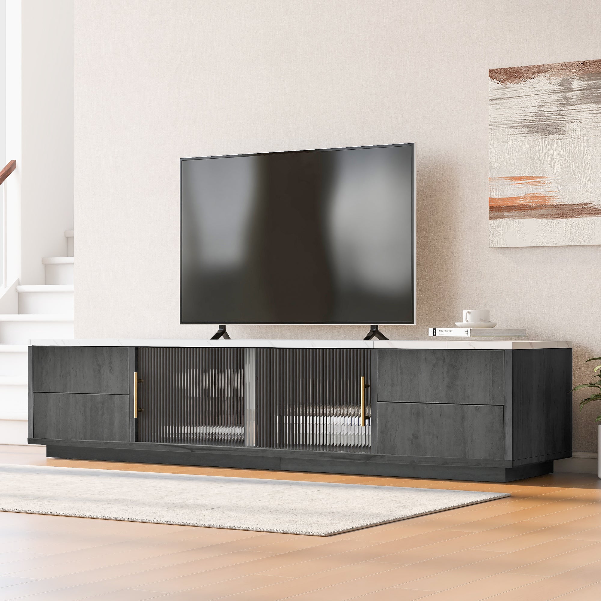 Stojak pod TV z 4 szufladami i 2 drzwiami przesuwnymi do telewizorów 70 cali - 160 x 40 x 38,5 cm - MDF - czarno-biały