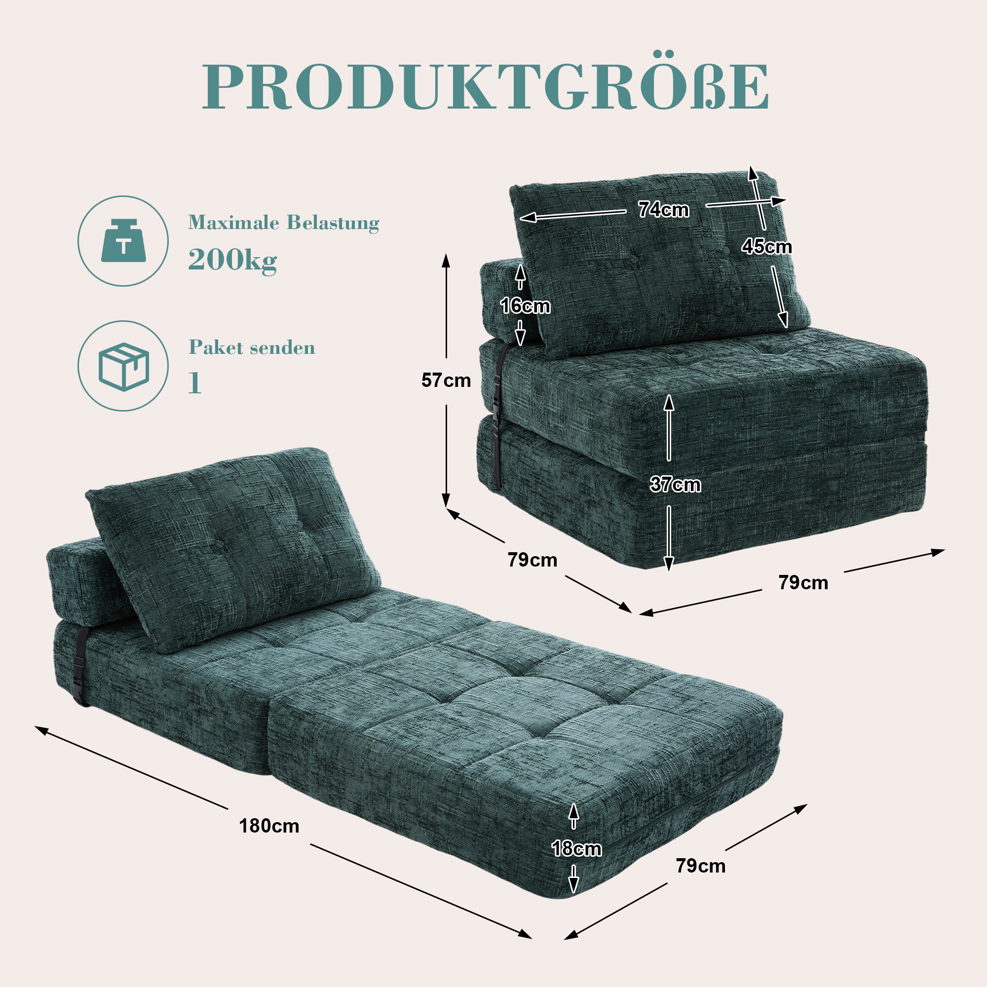 Canapé-Lit Pliant Multifonction avec Coussins, Fauteuil Convertible ,Tissu Chenille Vert émeraude, Dimensions 79x79x57 cm - 4