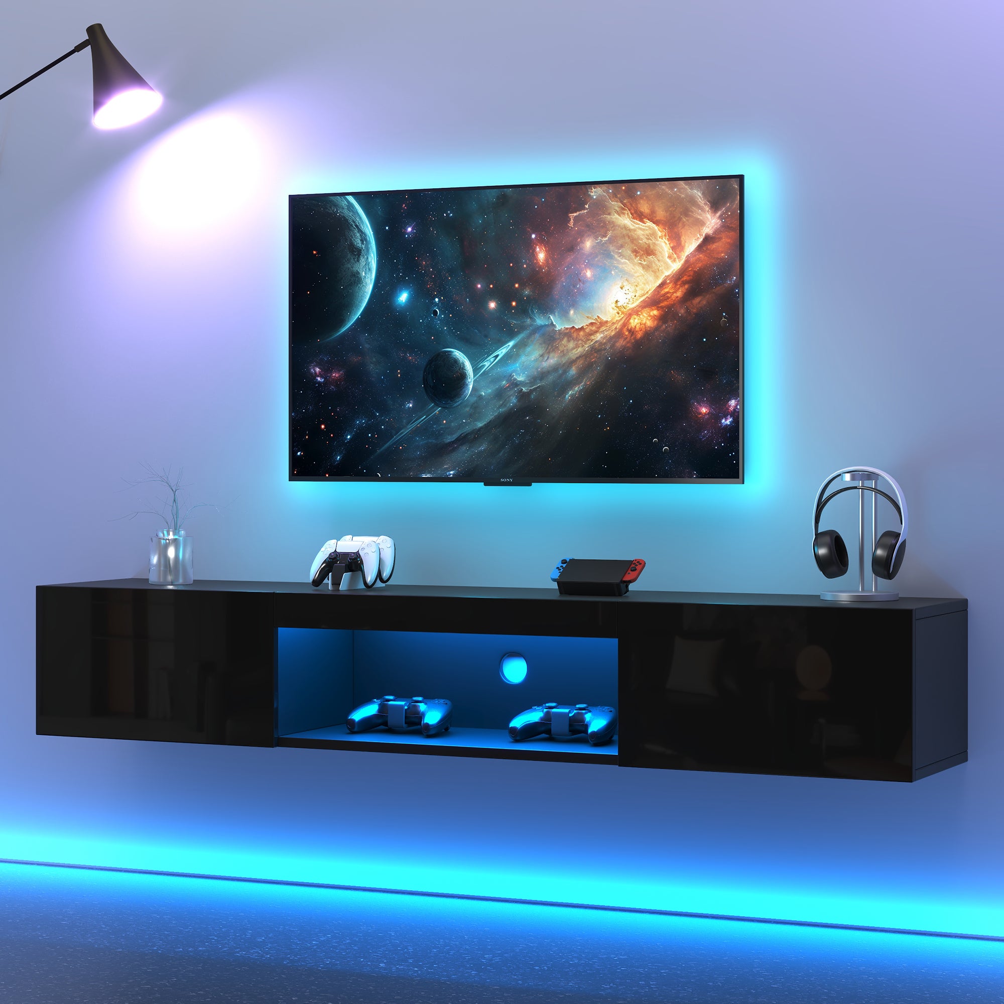 Szafka ścienna pod telewizor z 2 drzwiami i otwartą przegrodą - 160 x 31 x 22 cm - Oświetlenie LED - Płyta wiórowa - Czarny połysk - 6