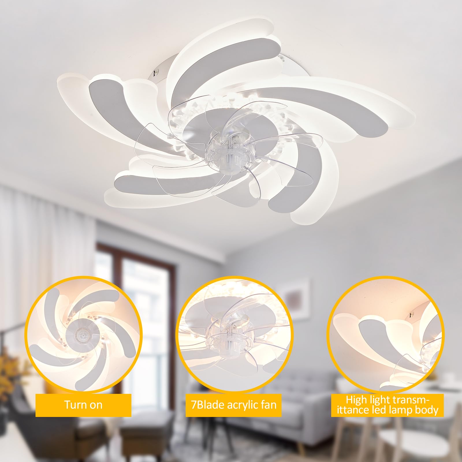 Ventilateur de plafond avec lumières, ventilateur de plafond encastré avec télécommande et application, 6 vitesses de vent, intensité variable, 65 cm - 7