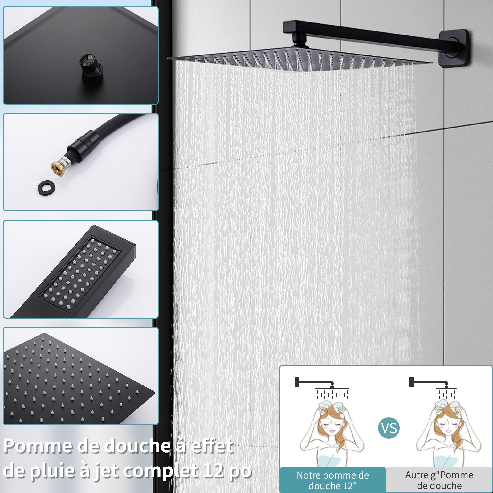 Colonne de Douche Encastrée Noir avec Tête Carrée 12