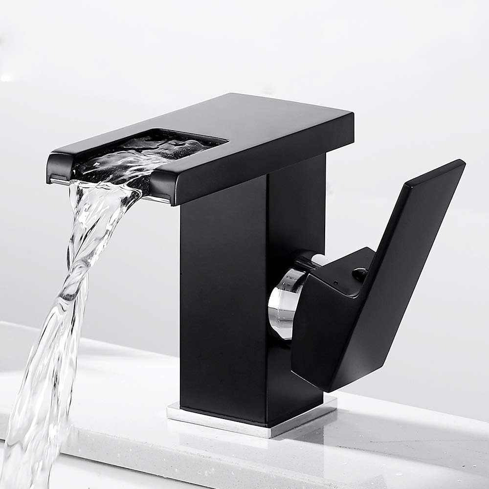 Bateria łazienkowa - ciepła i zimna woda - zmieniająca kolor dioda LED - szeroka wylewka - czarna - wysokość 12,5 cm