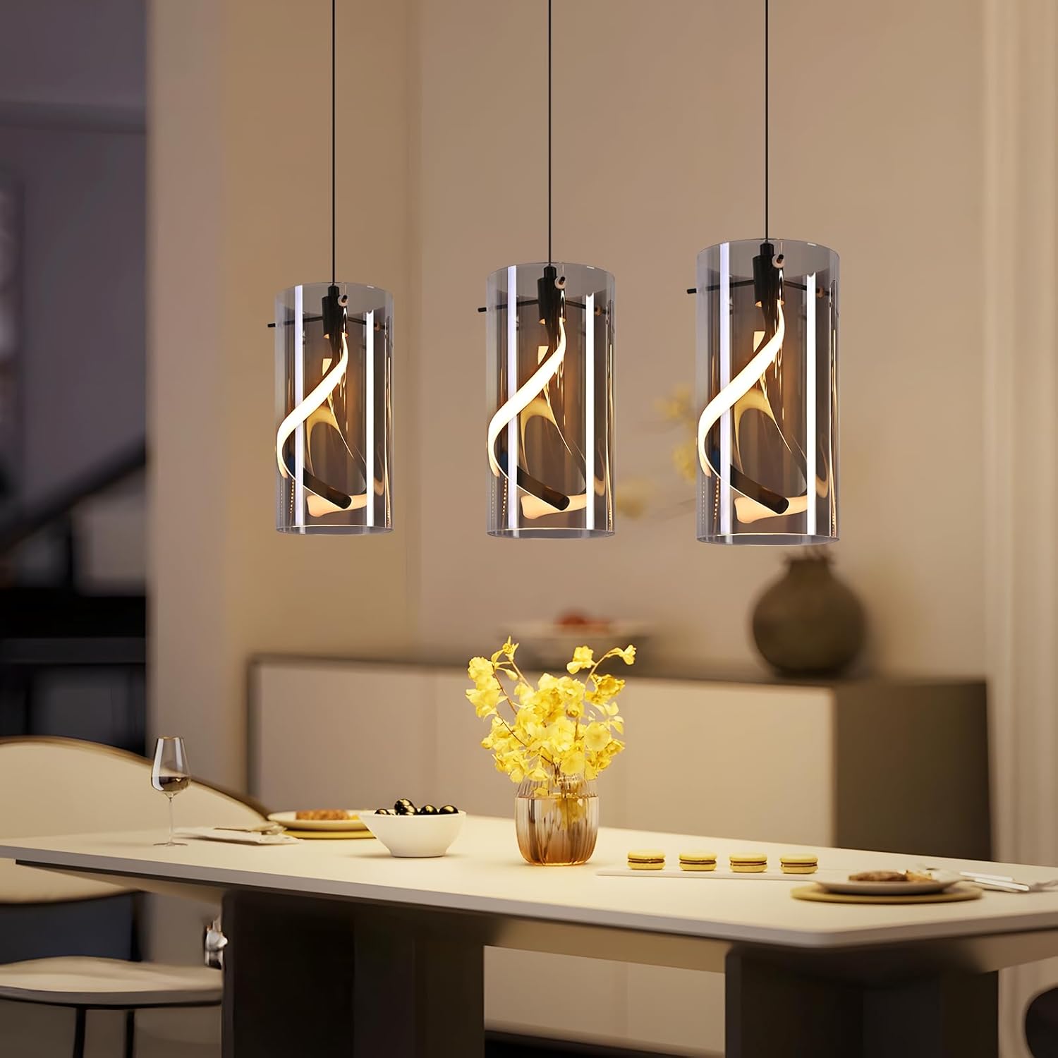 Lampa wisząca LED Nettlife Vintage z 3 źródłami światła – szkło w kolorze dymnego szarego szkła, 33 W, 3000 K, w stylu retro, regulowana