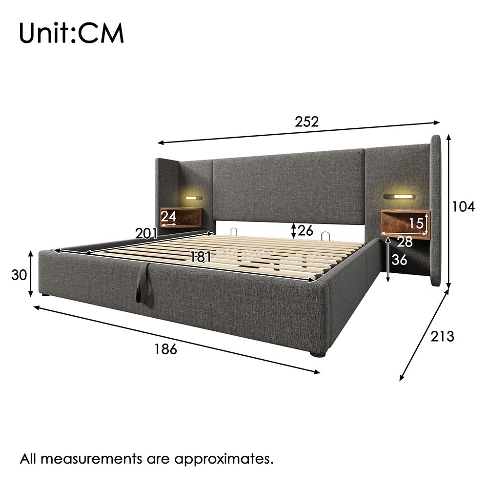Lit rembourré, 180 x 200 cm, avec dossier extra long, lampe de lecture avec direction réglable, avec port de charge USB, lit de rangement hydraulique, lit double, tissu en velours, gris