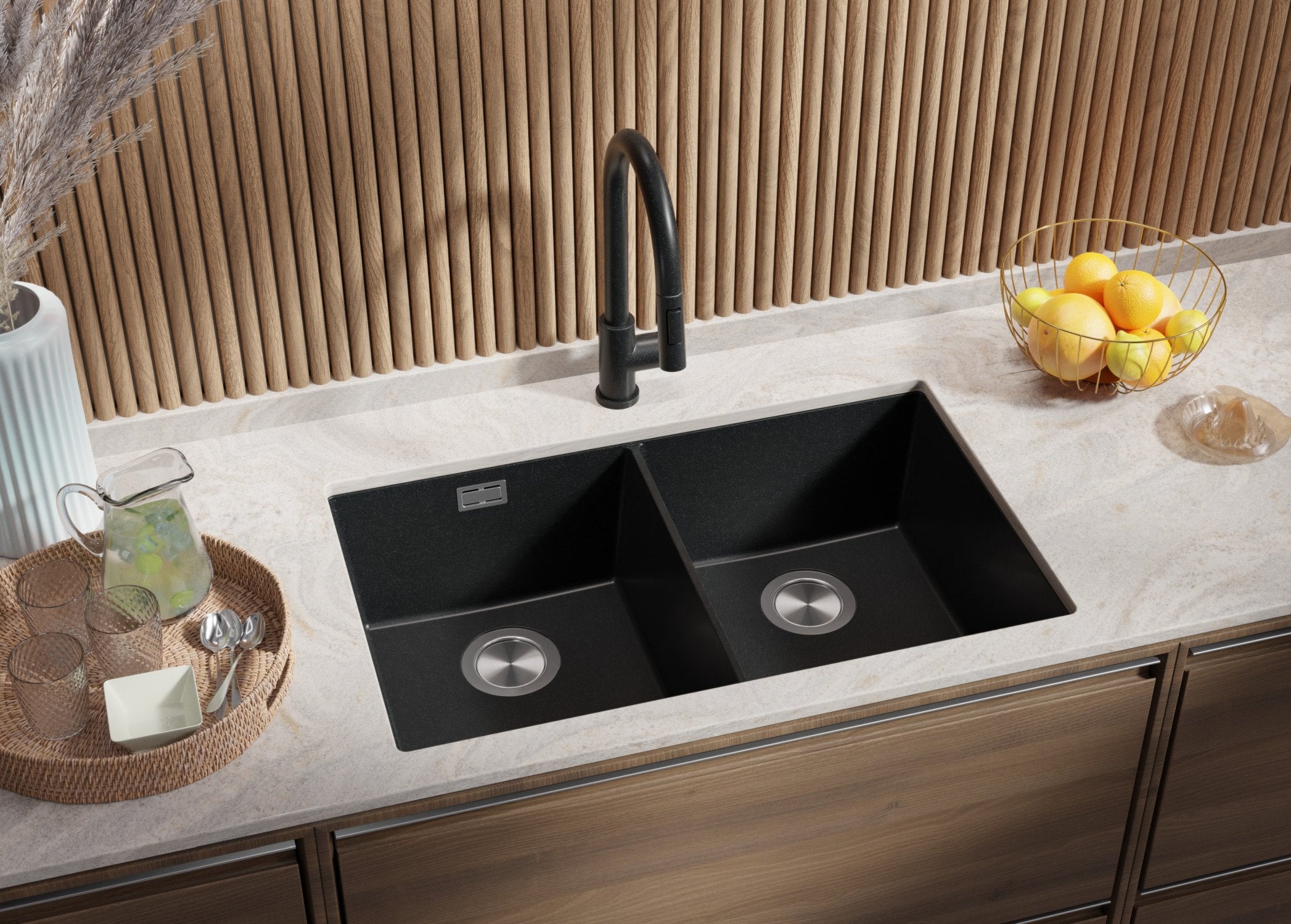 Zlewozmywak podblatowy Grafitowy 76x47cm, Zlew Kuchenny 2 Komorowy + Syfon, do szafki od 80cm - Londyn Twin PRIMAGRAN