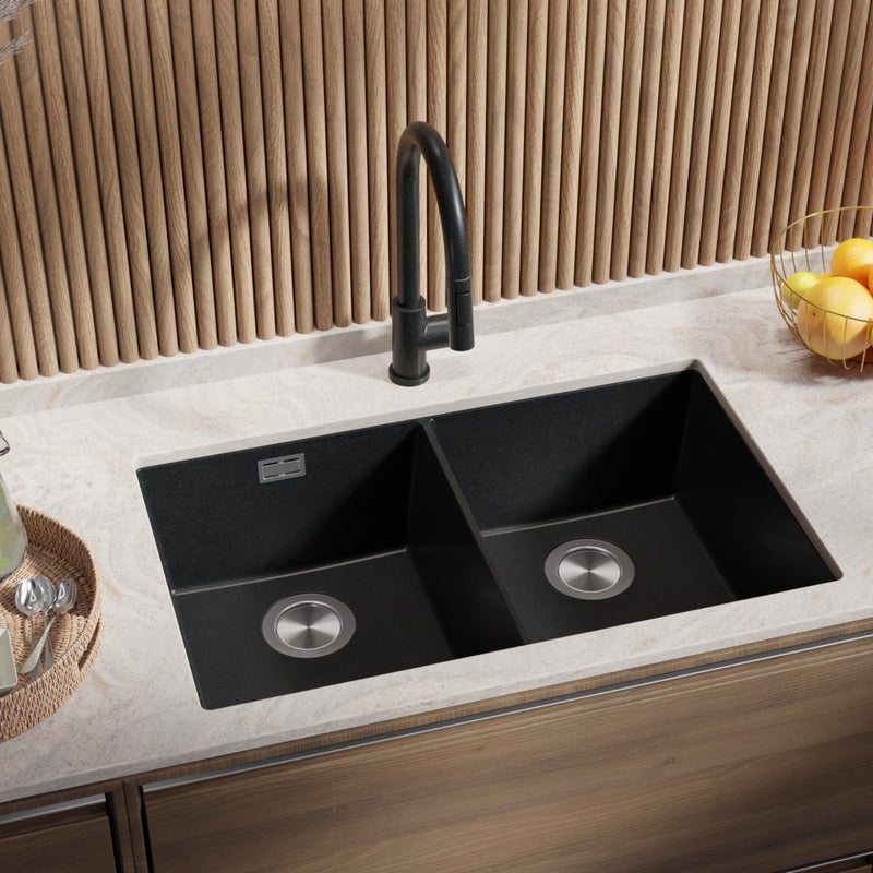 Zlewozmywak podblatowy Grafitowy 76x47cm, Zlew Kuchenny 2 Komorowy + Syfon, do szafki od 80cm - Londyn Twin PRIMAGRAN