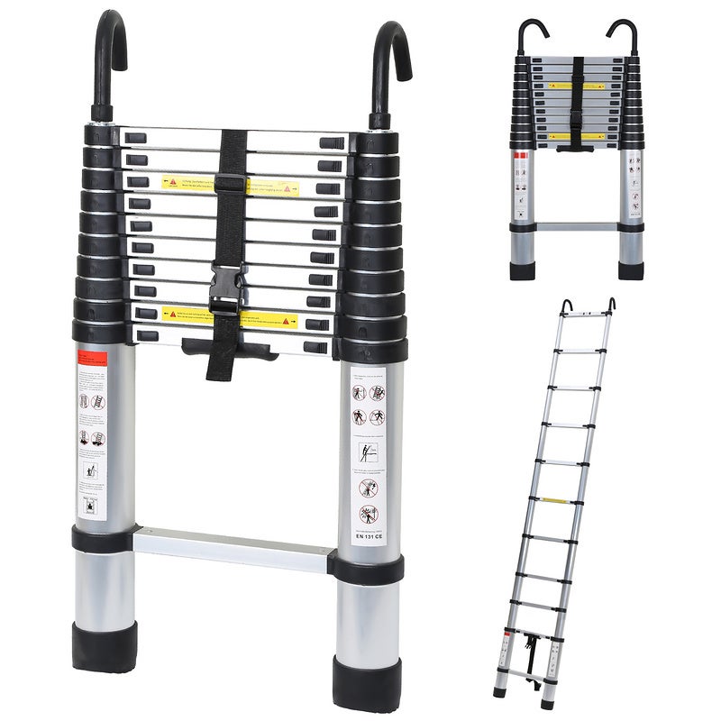 Escalera telescópica con gancho escalera de tijera de aluminio plata 3,2m