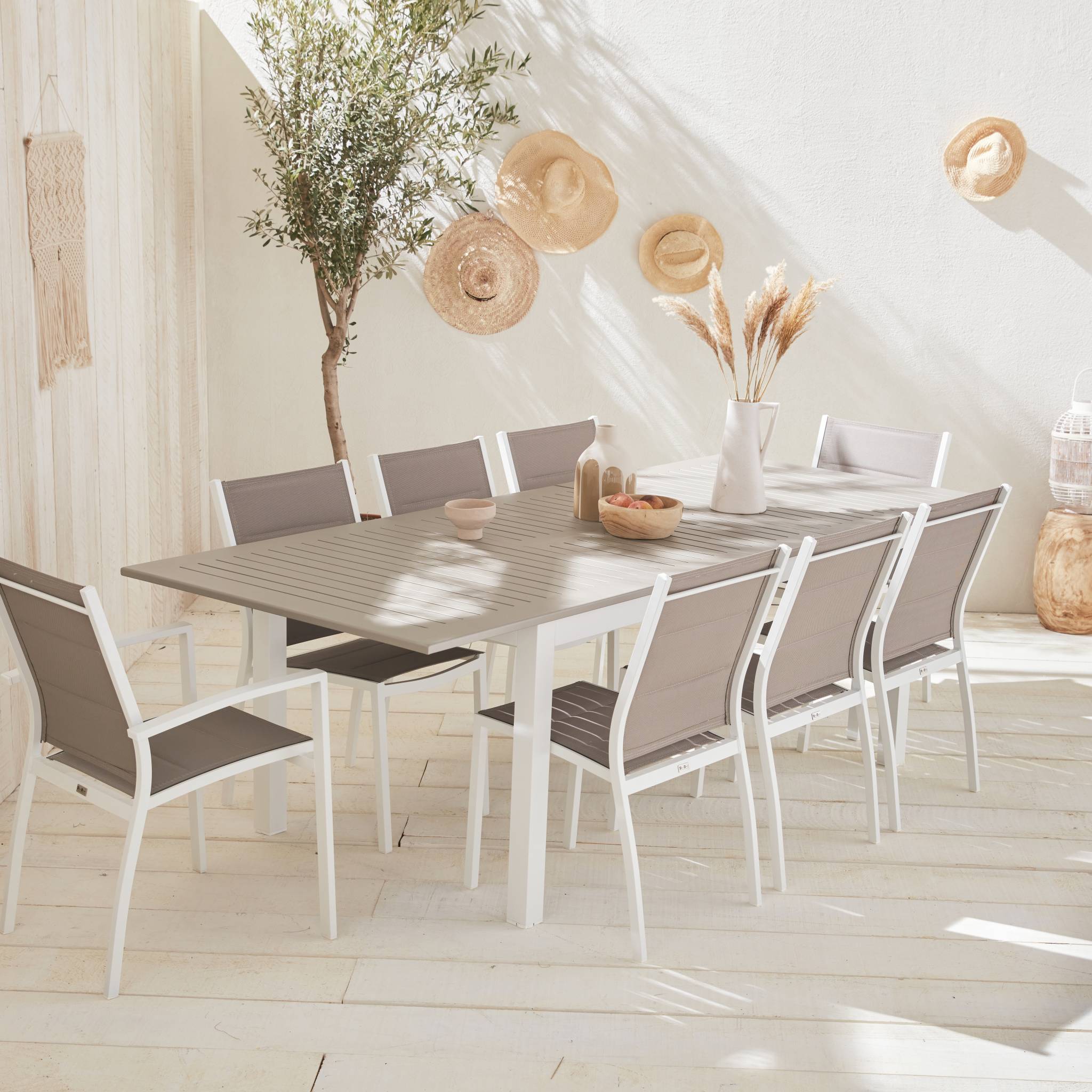 Table de jardin extensible aluminium + 8 assises - Chicago Blanc / Taupe - Table extensible 175/245cm avec rallonge et 8 assises en textilène - 2