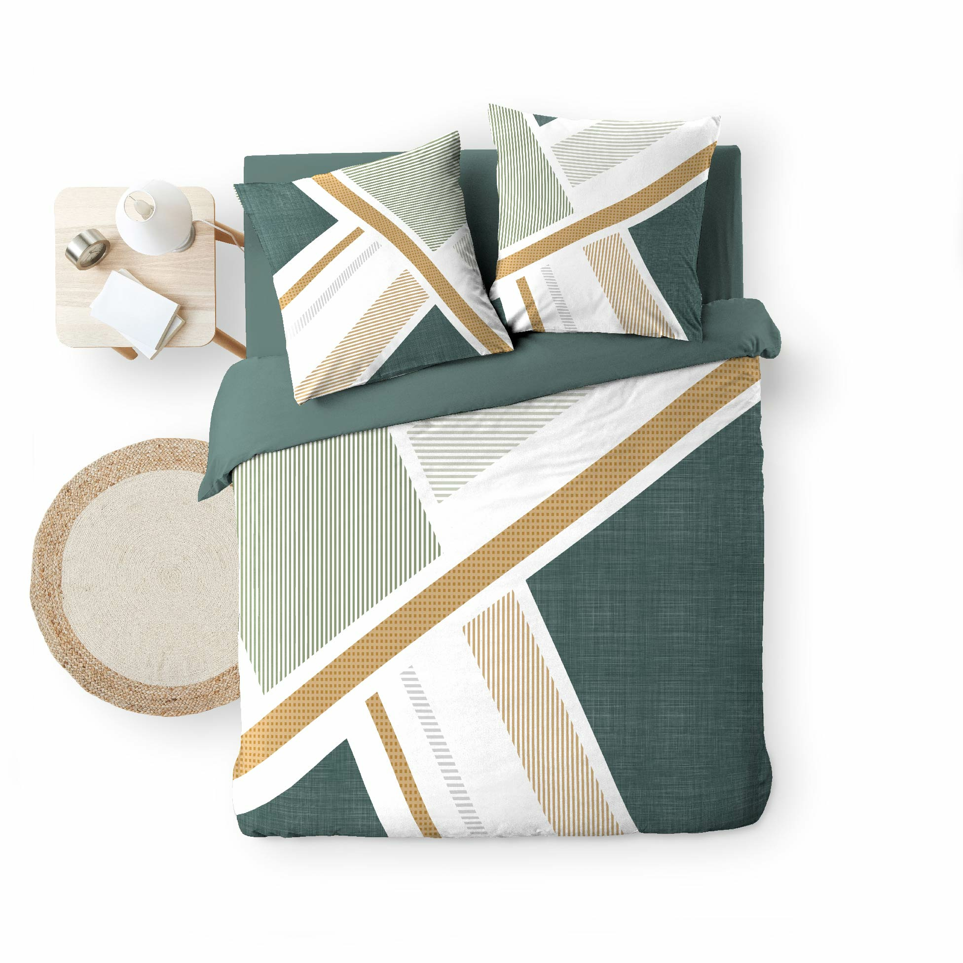 Parure de lit 3 pièces ZÉPHYRA Vert – 240 x 220 cm + 2 taies – 100 % coton 42 fils/cm²