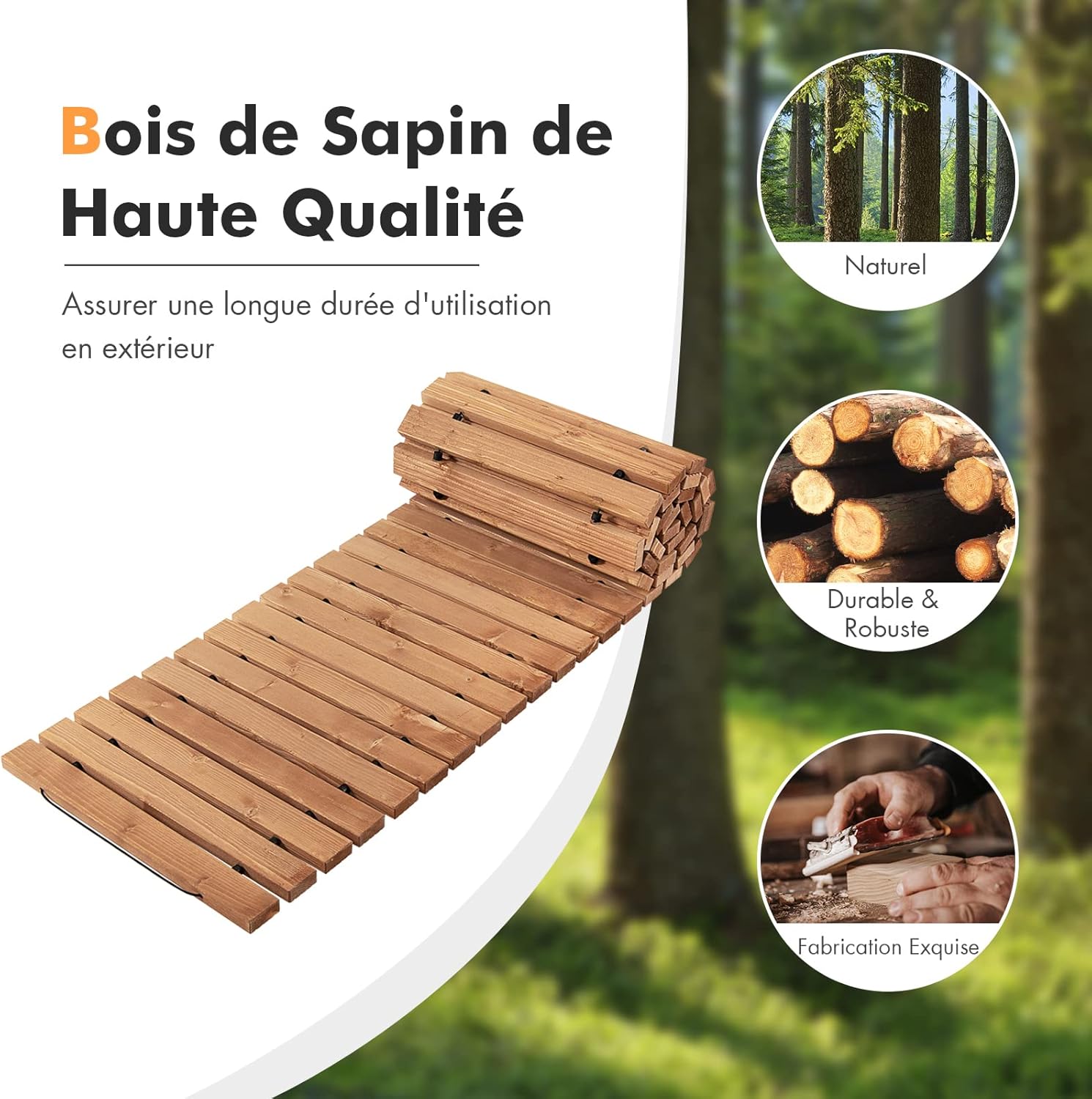 Allée de Jardin en Bois de 245 cm, Allée Droite Extérieure Résistante aux Intempéries avec Fil d'Acier et Texture Antidérapante, 245 x 43 cm - 5
