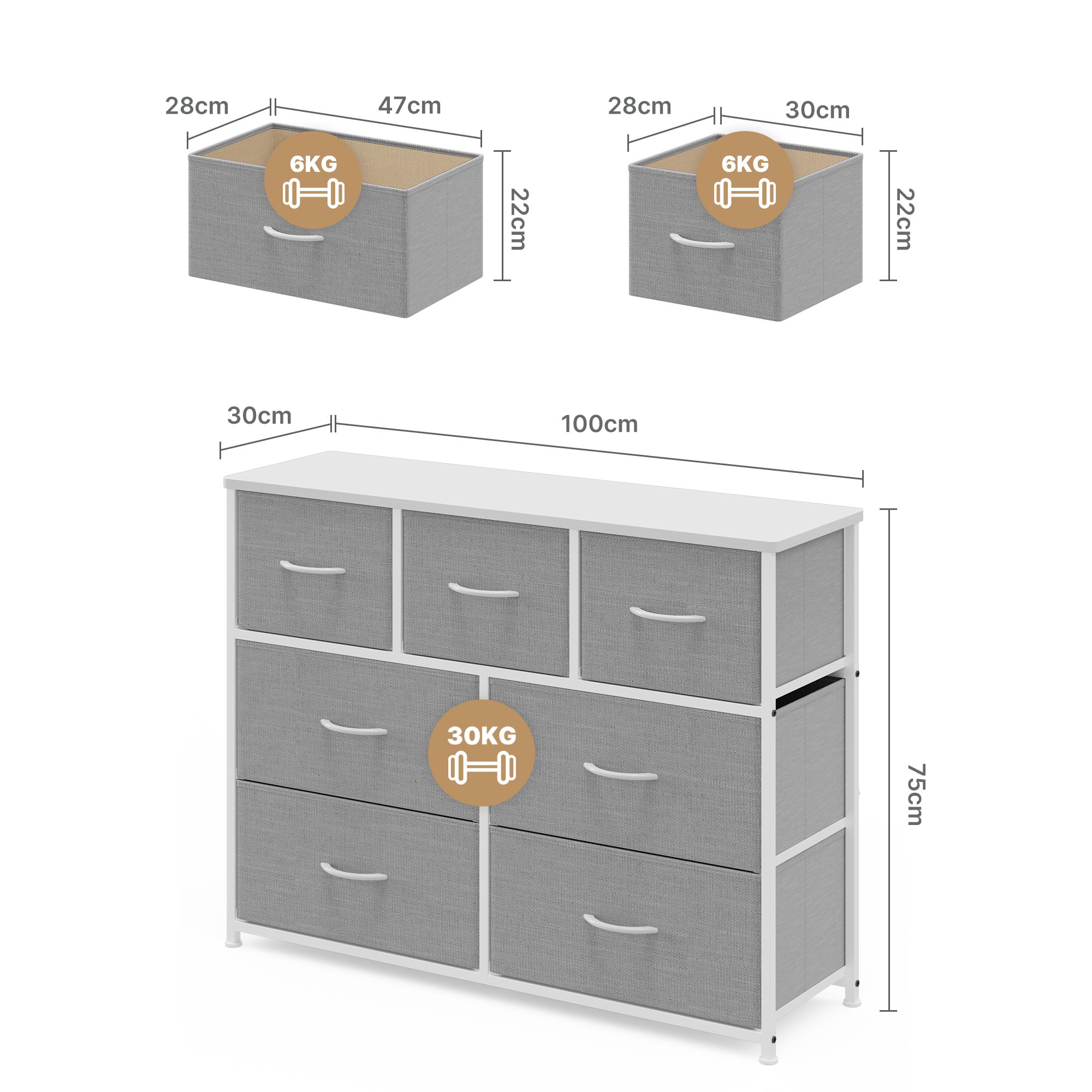 Cómoda de Dormitorio Bealife 7 Cajones de Tela con Estructura de Acero, Pies de Plástico Ajustables y Almacenamiento en Color Gris - 3