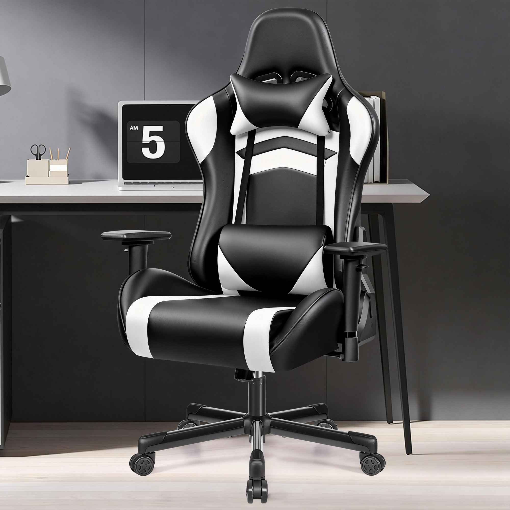 Chaise Gaming Ergonomique Noir et Blanc, Dossier Réglable 90°-155°, Assise à Ressorts, Revêtement PU Imperméable, Soutien Complet - 2
