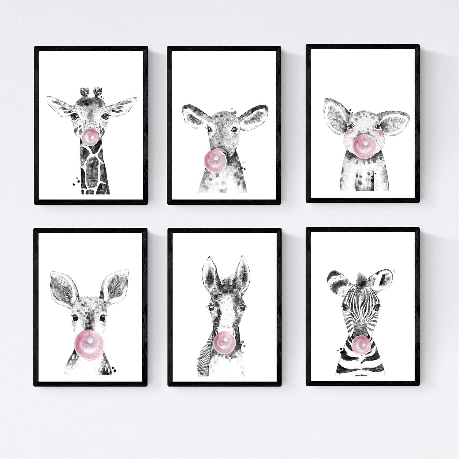 Set 6 posters animales bebes con chicle. cebra cerdo girafa ciervo vaca caballo. sin marco - a4