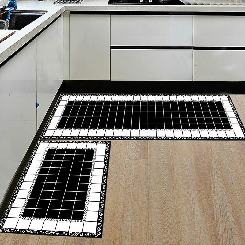 Ensemble 2 Tapis De Cuisine Antidérapants Lavables En Machine - Motif Géométrie Verte, Devant Évier Et Salon (50x80 + 50x160 Cm)