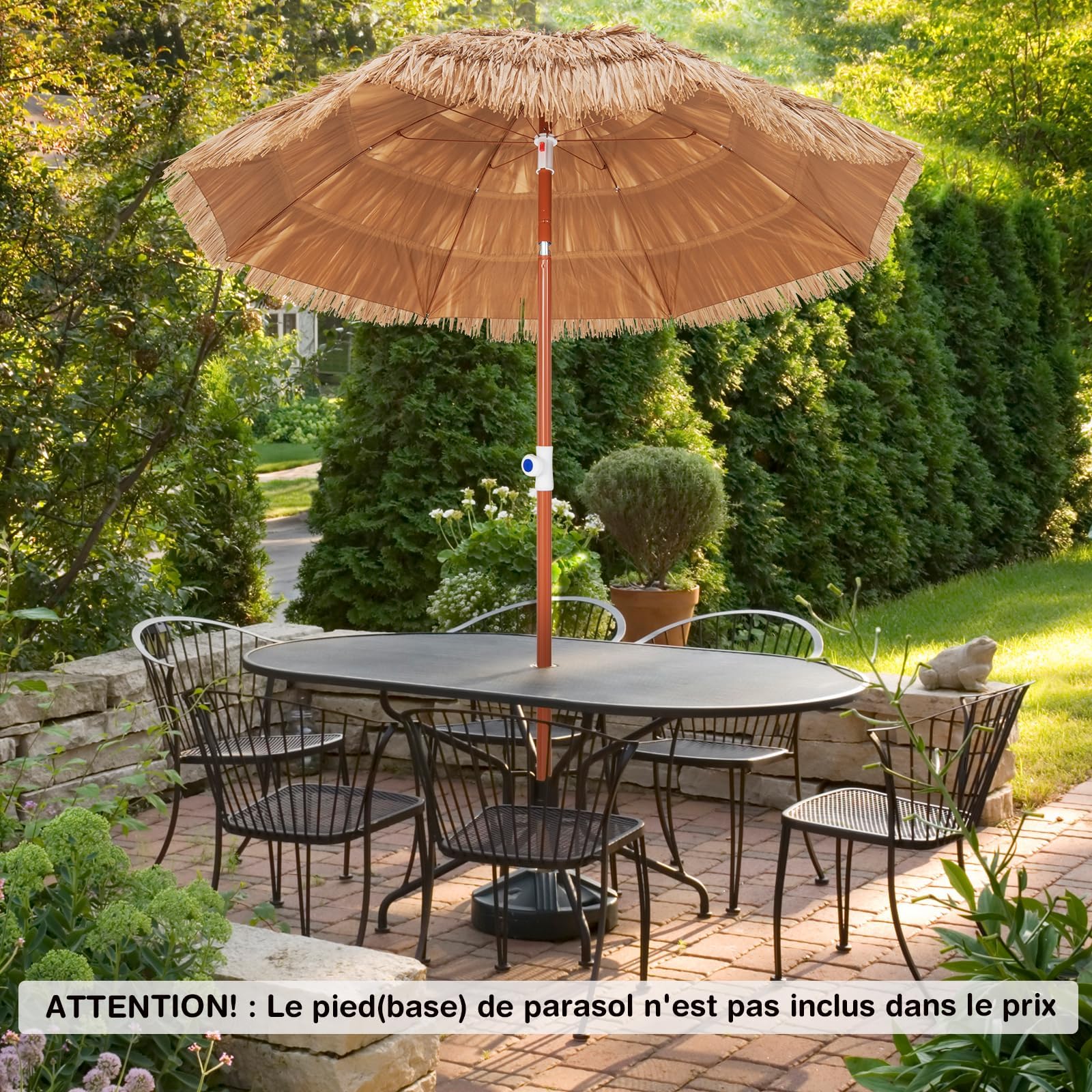 Guarda-sol de Jardin Ø175CM em Paille PE, Guarda-sol de Plage em Chaume Estilo Havaiano Inclinável 40° 8 Baleines Hauteur Réglable, Sac de Transport - 9