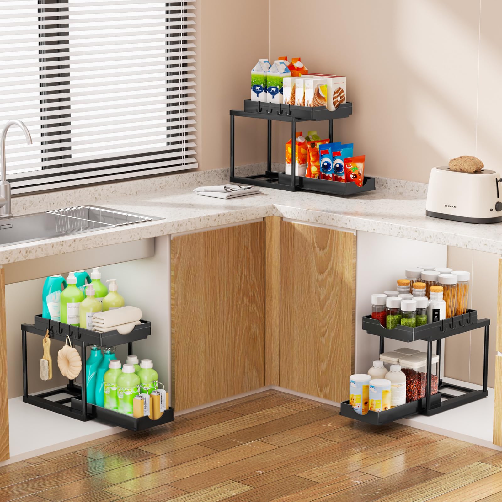 Organizadores y almacenaje bajo el fregadero para la cocina, organizador bajo el fregadero de 2 niveles, cesto de baño con 4 ganchos - 8